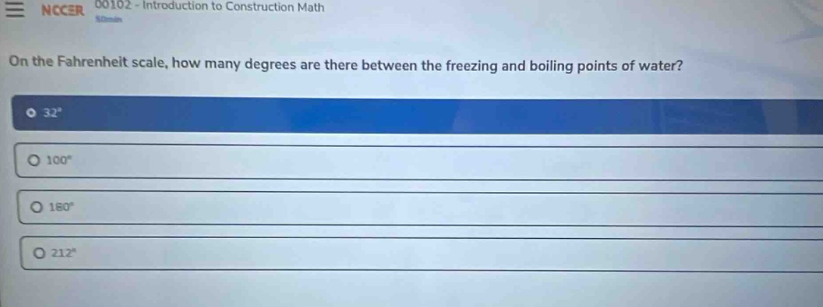 on the fahrenheit scale, how many degrees are there between the freezing and boiling points of water? 32° 100° 180° 212°