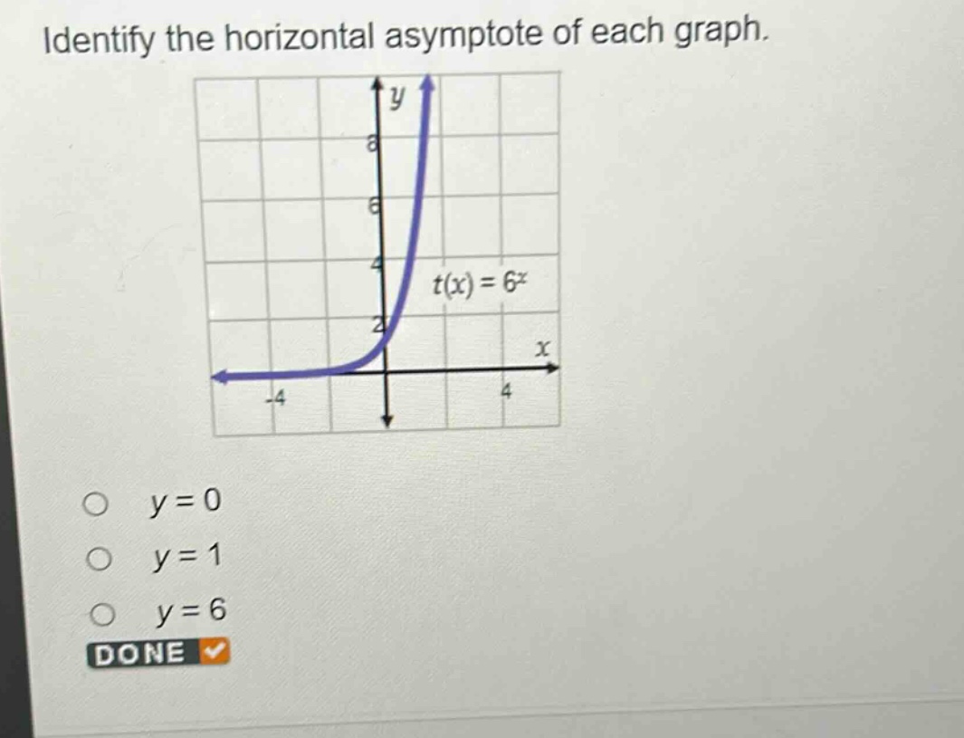 identify the horizontal asymptote of each graph. t(x)=6^x y = 0 y = 1 y = 6 done