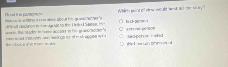 read the paragraph. marco is writing a narrative about his grandmothers difficult decision to immigrate to the united states. he wants the reader to have access to his grandmothers innermost thoughts and feelings as she struggles with the choice she must make. which point of view would best tell the story? first - person second - person third - person limited third - person omniscient