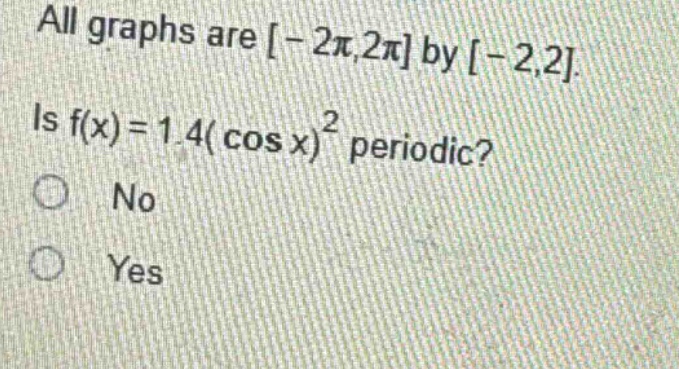 all graphs are -2π,2π by -2,2. is f(x)=1.4(cos x)^2 periodic? no yes
