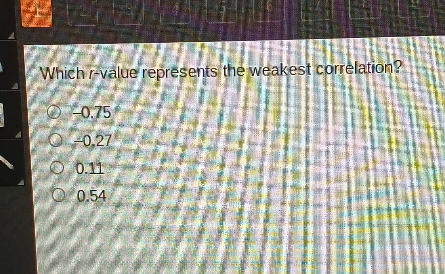 which r - value represents the weakest correlation? -0.75 -0.27 0.11 0.54