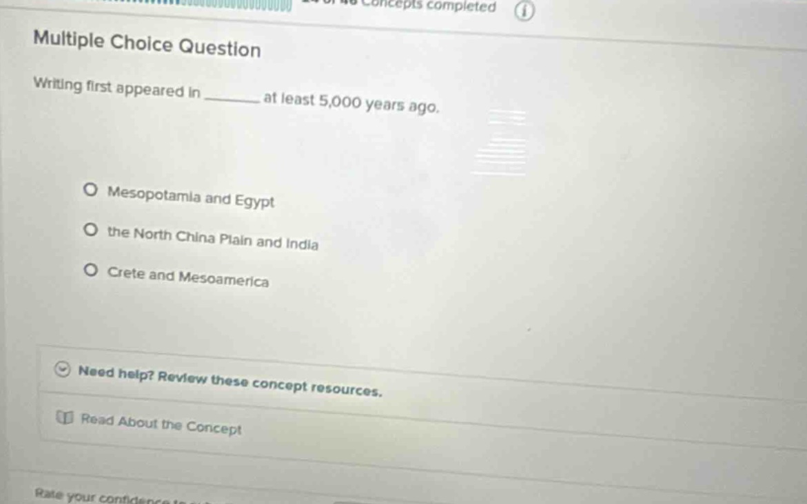 multiple choice question writing first appeared in ______ at least 5,000 years ago. mesopotamia and egypt the north china plain and india crete and mesoamerica need help? review these concept resources. read about the concept