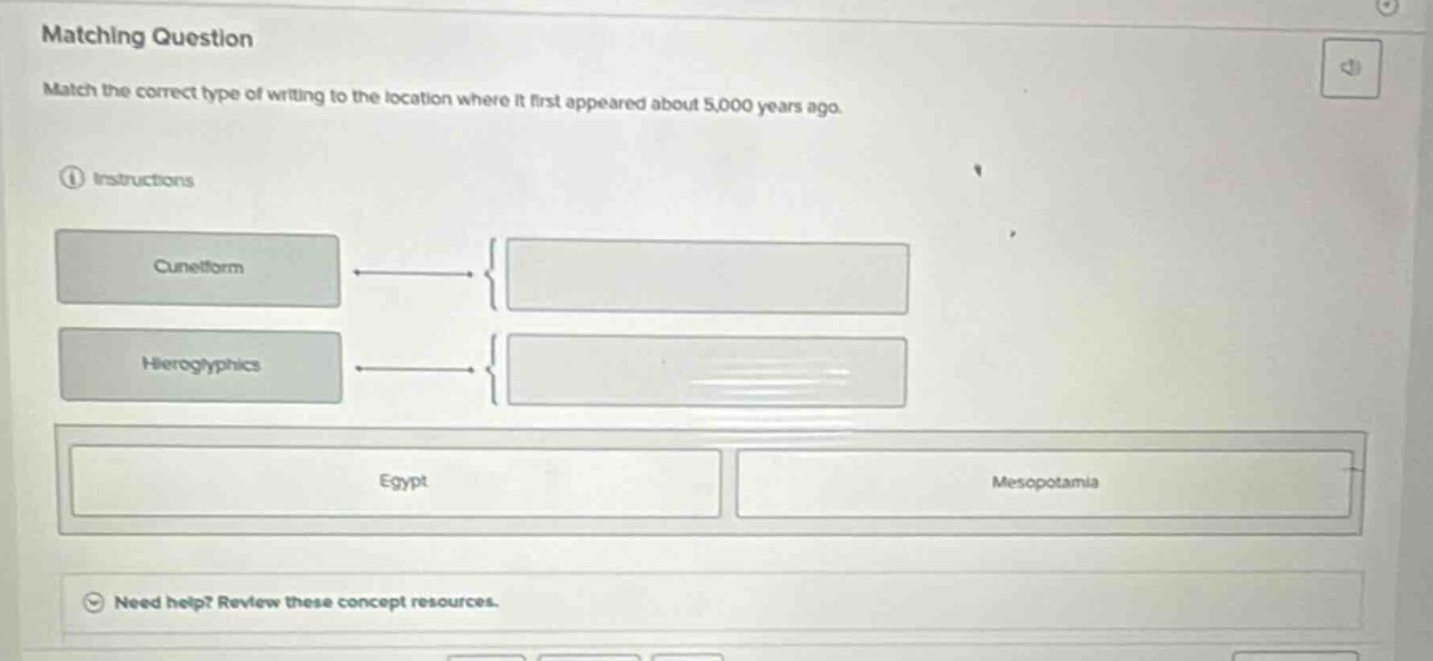 matching question match the correct type of writing to the location where it first appeared about 5,000 years ago. instructions cuneiform hieroglyphics egypt mesopotamia need help? review these concept resources.