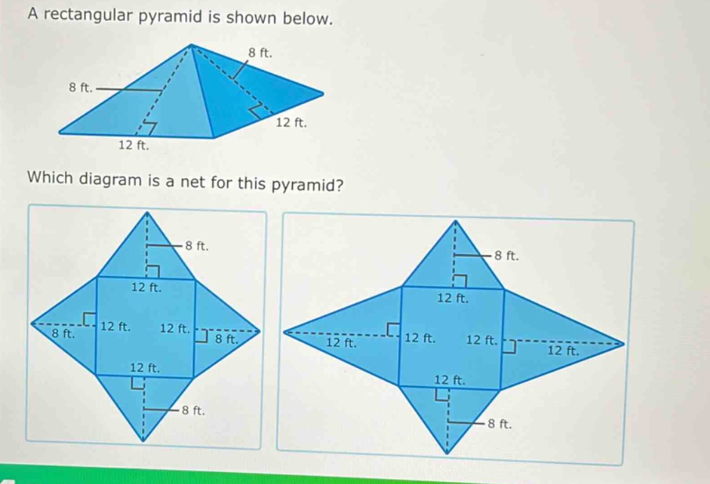 a rectangular pyramid is shown below. which diagram is a net for this pyramid?