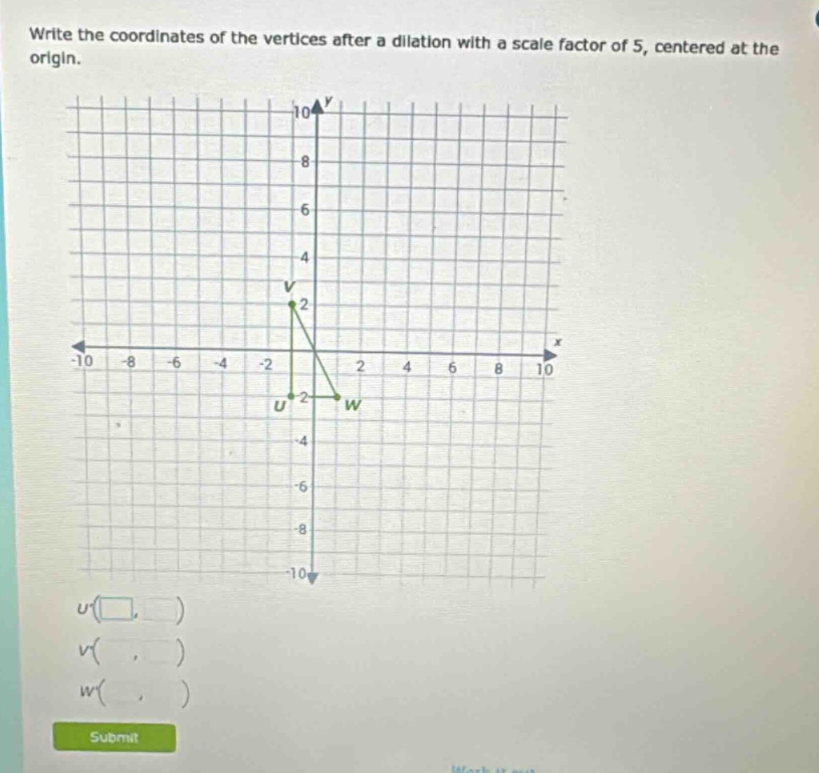 write the coordinates of the vertices after a dilation with a scale factor of 5, centered at the origin.