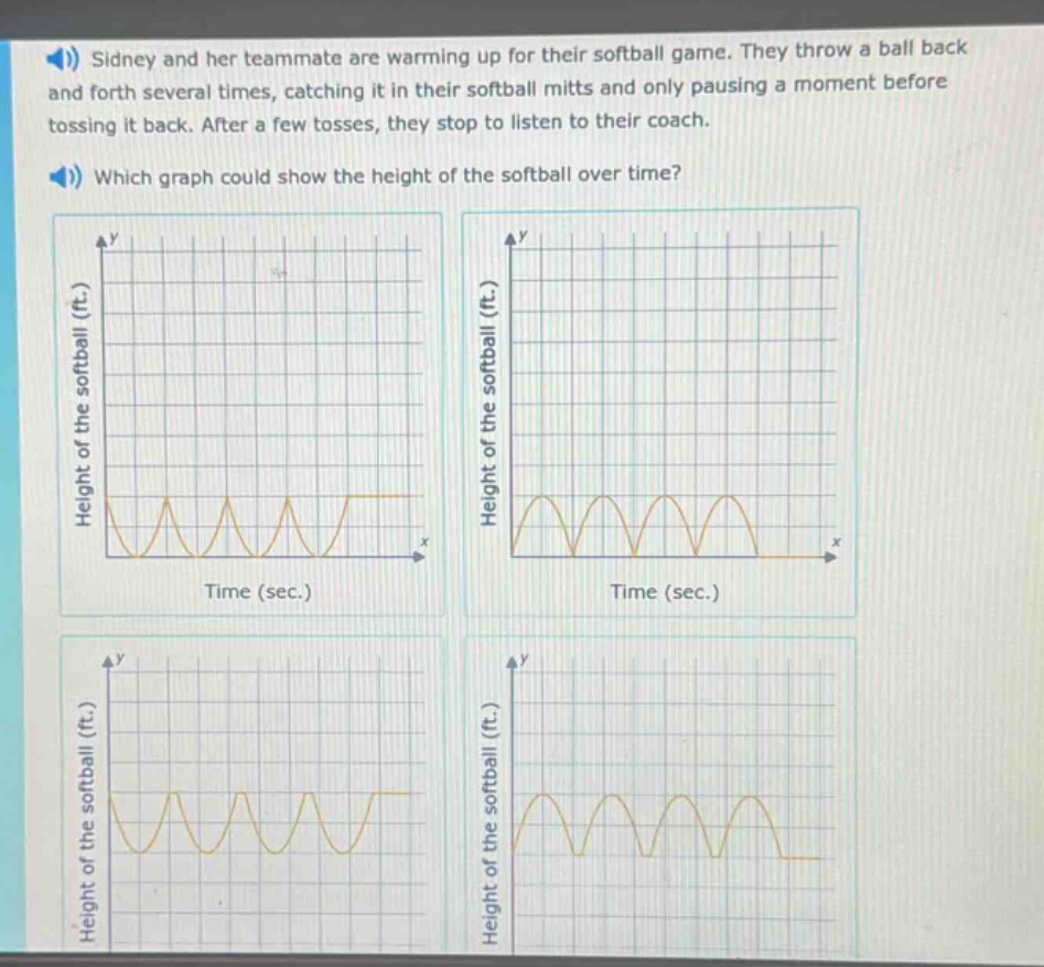 sidney and her teammate are warming up for their softball game. they throw a ball back and forth several times, catching it in their softball mitts and only pausing a moment before tossing it back. after a few tosses, they stop to listen to their coach. which graph could show the height of the softball over time?