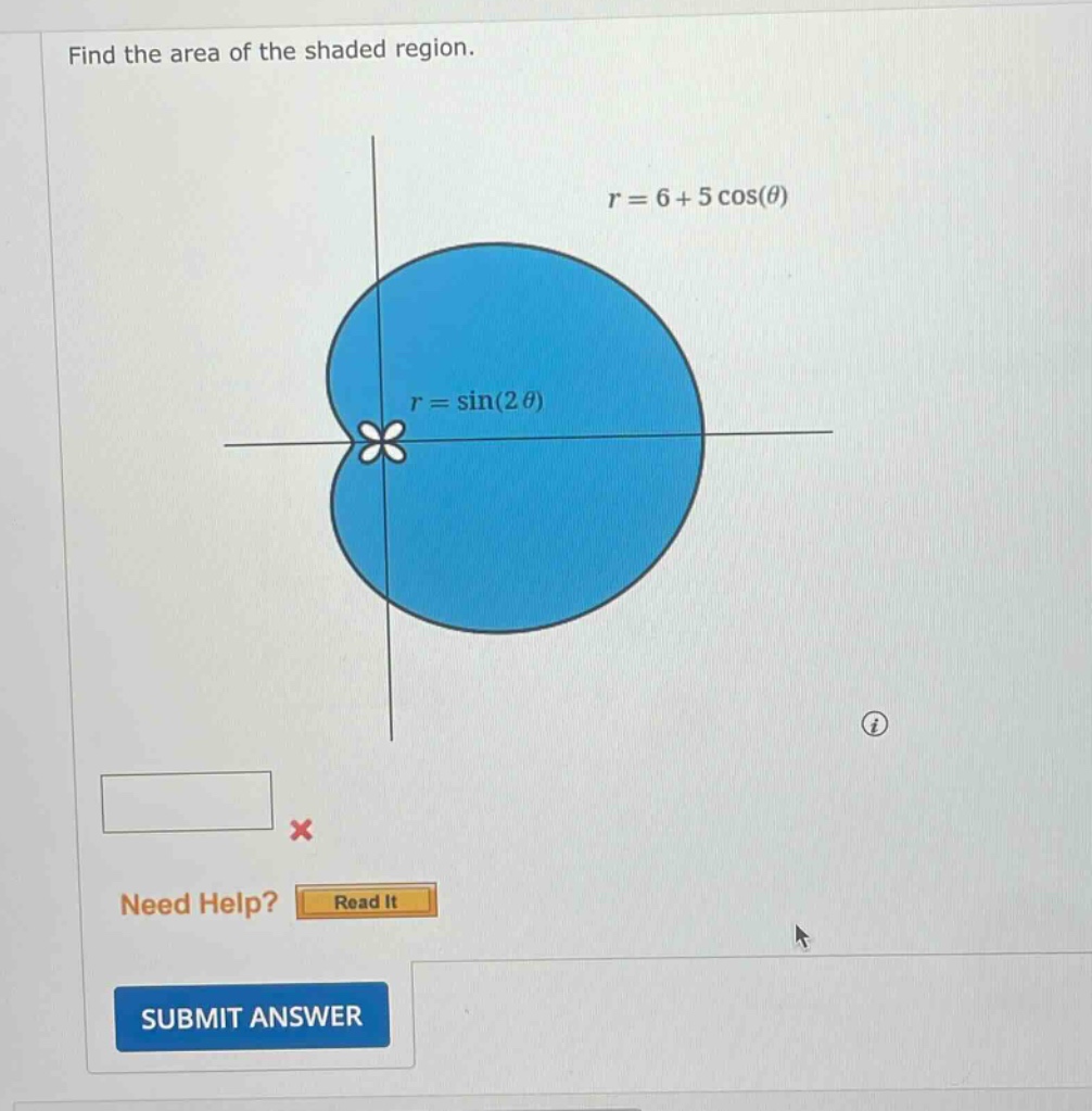 find the area of the shaded region. r = 6 + 5 cos(θ) r = sin(2θ) need help? read it submit answer