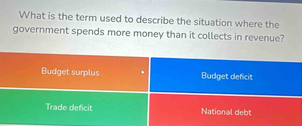 what is the term used to describe the situation where the government spends more money than it collects in revenue? budget surplus budget deficit trade deficit national debt