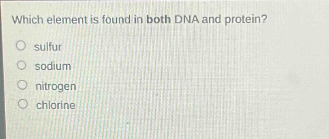which element is found in both dna and protein? sulfur sodium nitrogen chlorine