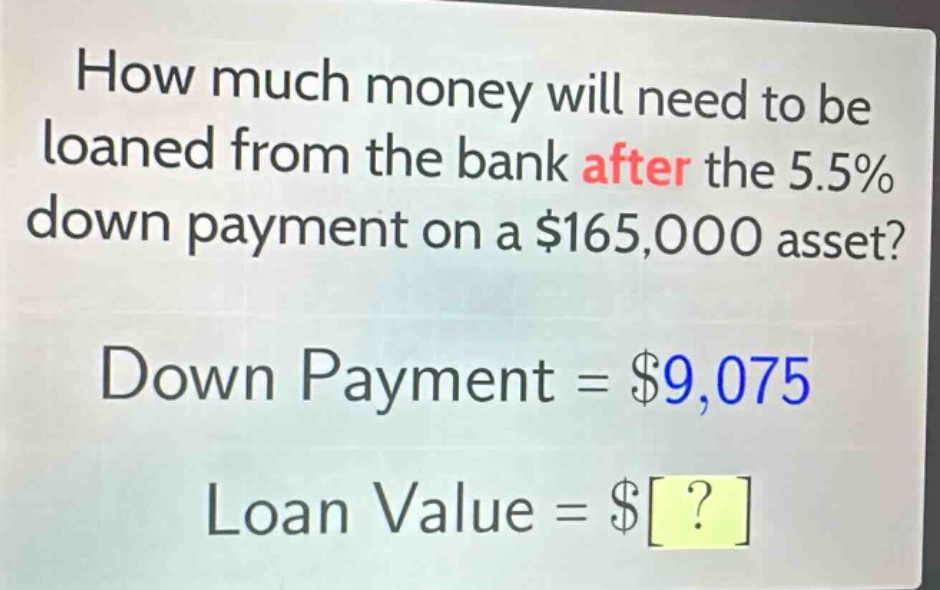 how much money will need to be loaned from the bank after the 5.5% down payment on a $165,000 asset? down payment = $9,075 loan value = $?
