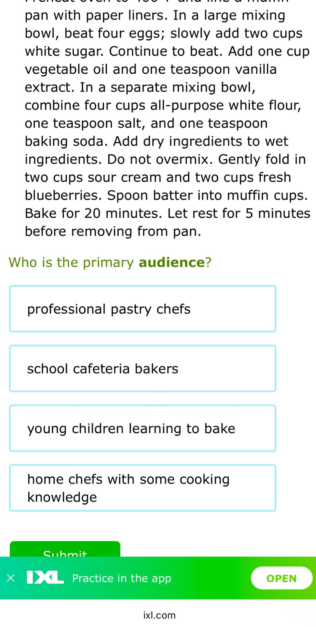 pan with paper liners. in a large mixing bowl, beat four eggs; slowly add two cups white sugar. continue to beat. add one cup vegetable oil and one teaspoon vanilla extract. in a separate mixing bowl, combine four cups all - purpose white flour, one teaspoon salt, and one teaspoon baking soda. add dry ingredients to wet ingredients. do not overmix. gently fold in two cups sour cream and two cups fresh blueberries. spoon batter into muffin cups. bake for 20 minutes. let rest for 5 minutes before removing from pan. who is the primary audience? professional pastry chefs school cafeteria bakers young children learning to bake home chefs with some cooking knowledge