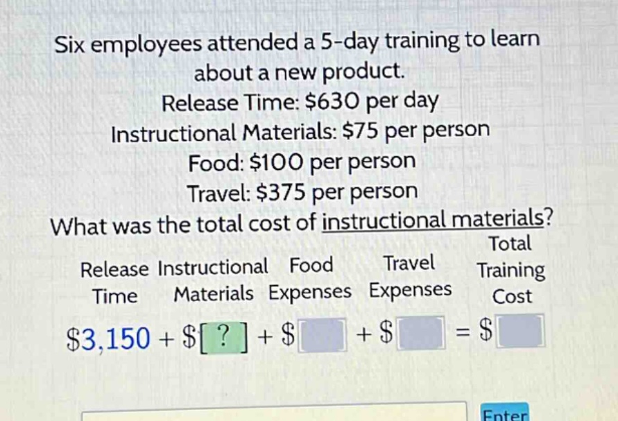 six employees attended a 5 - day training to learn about a new product. release time: $630 per day instructional materials: $75 per person food: $100 per person travel: $375 per person what was the total cost of instructional materials? release instructional food travel total time materials expenses expenses training cost $3,150 + $? + $ + $ = $