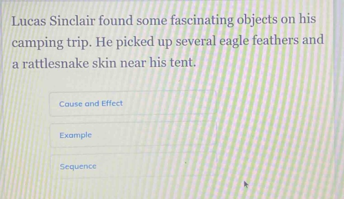 lucas sinclair found some fascinating objects on his camping trip. he picked up several eagle feathers and a rattlesnake skin near his tent. cause and effect example sequence
