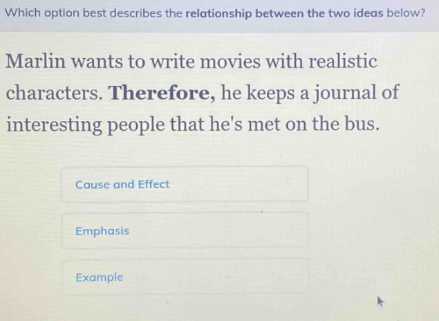 which option best describes the relationship between the two ideas below? marlin wants to write movies with realistic characters. therefore, he keeps a journal of interesting people that hes met on the bus. cause and effect emphasis example