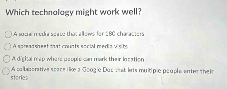 which technology might work well?\na social media space that allows for 180 characters\na spreadsheet that counts social media visits\na digital map where people can mark their location\na collaborative space like a google doc that lets multiple people enter their stories