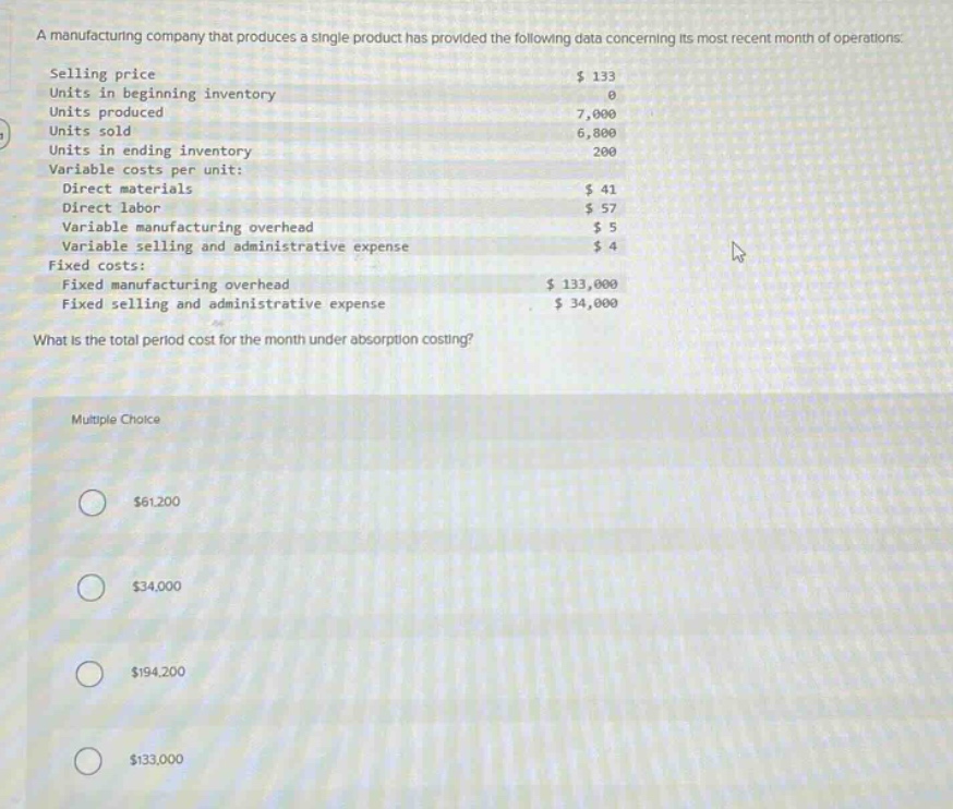 a manufacturing company that produces a single product has provided the following data concerning its most recent month of operations: selling price $133 units in beginning inventory 0 units produced 7,000 units sold 6,800 units in ending inventory 200 variable costs per unit: direct materials $41 direct labor $57 variable manufacturing overhead $5 variable selling and administrative expense $4 fixed costs: fixed manufacturing overhead $133,000 fixed selling and administrative expense $34,000 what is the total period cost for the month under absorption costing? multiple choice $61,200 $34,000 $194,200 $133,000