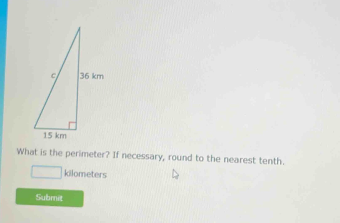 what is the perimeter? if necessary, round to the nearest tenth. kilometers