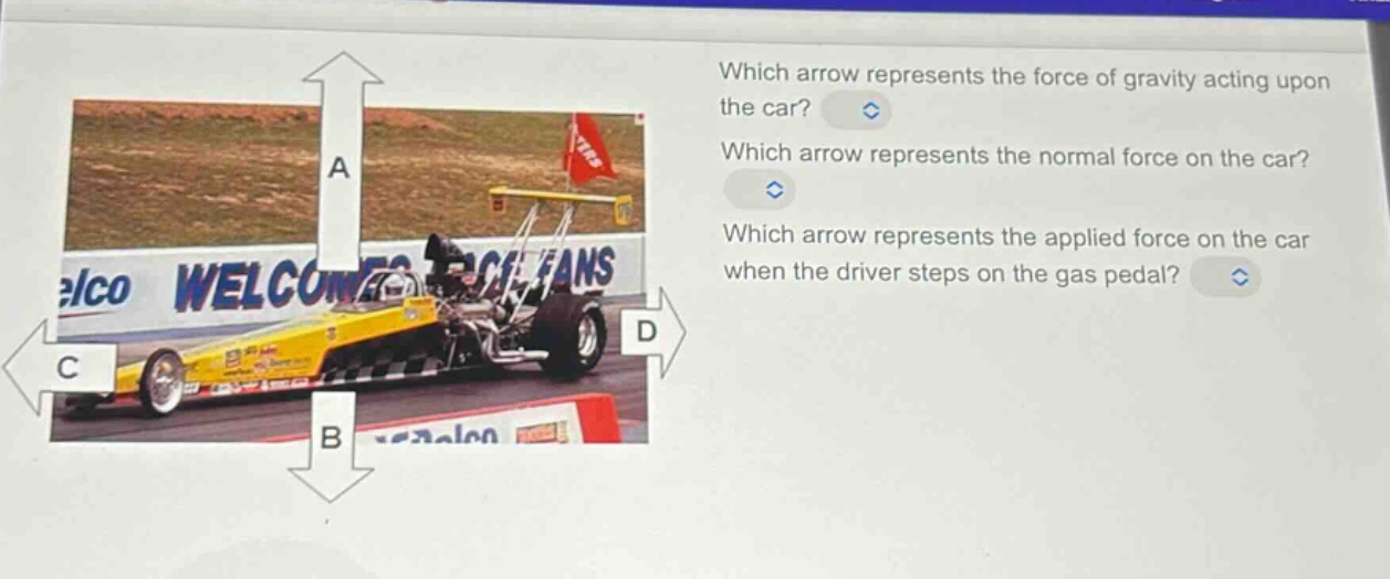 which arrow represents the force of gravity acting upon the car? which arrow represents the normal force on the car? which arrow represents the applied force on the car when the driver steps on the gas pedal?