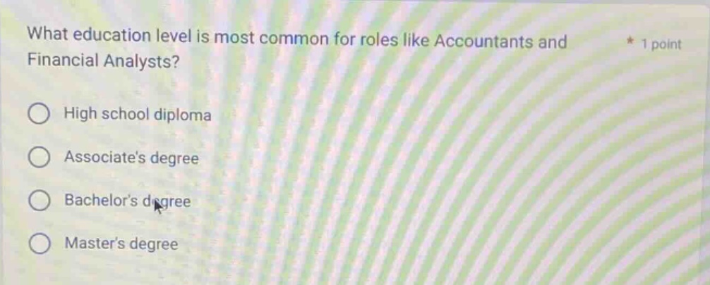 what education level is most common for roles like accountants and financial analysts? * 1 point high school diploma associates degree bachelors degree masters degree