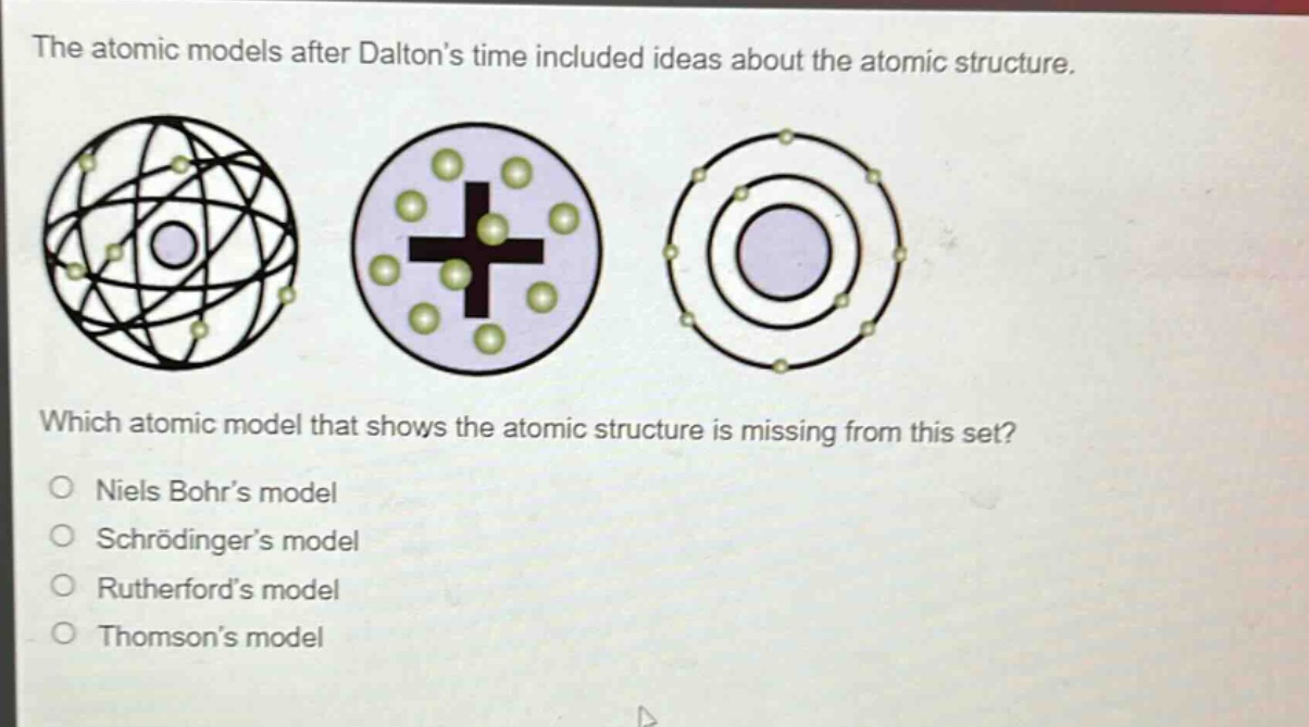 the atomic models after dalton’s time included ideas about the atomic structure. which atomic model that shows the atomic structure is missing from this set? niels bohr’s model schrodinger’s model rutherford’s model thomson’s model
