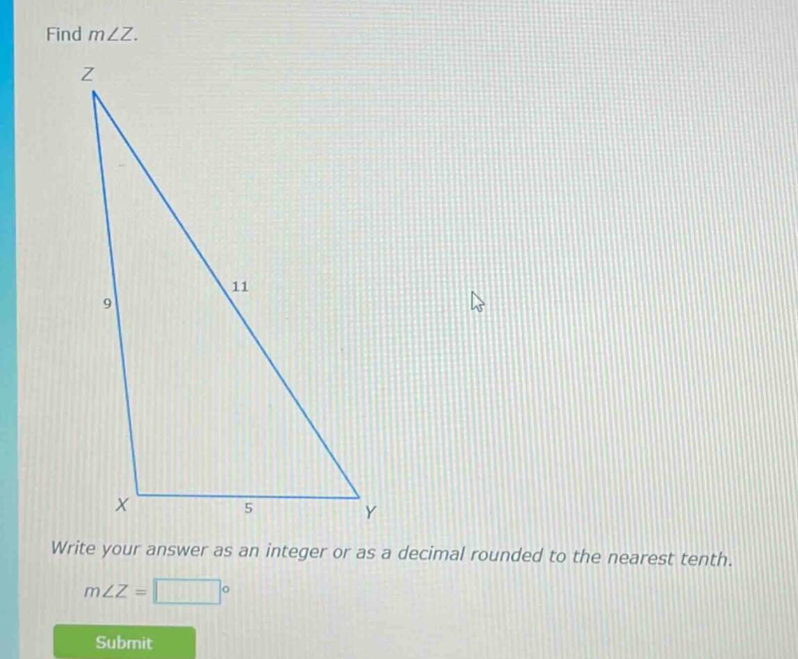 find m∠z. write your answer as an integer or as a decimal rounded to the nearest tenth. m∠z = °