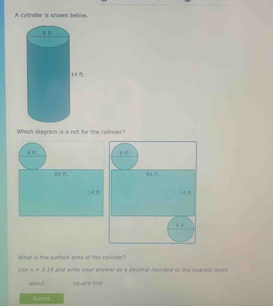 a cylinder is shown below. which diagram is a net for the cylinder? what is the surface area of the cylinder? use π ≈ 3.14 and write your answer as a decimal rounded to the nearest tenth. about square feet