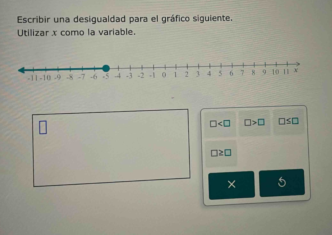 escribir una desigualdad para el gráfico siguiente. utilizar x como la variable.