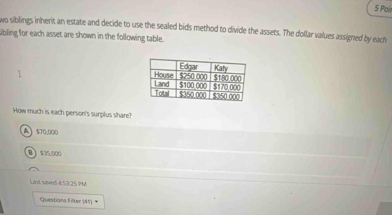two siblings inherit an estate and decide to use the sealed bids method to divide the assets. the dollar values assigned by each sibling for each asset are shown in the following table.\n\n| | edgar | katy |\n|--|--|--|\n| house | $250,000 | $180,000 |\n| land | $100,000 | $170,000 |\n| total | $350,000 | $350,000 |\n\nhow much is each persons surplus share?\n(a) $70,000\n(b) $35,000\nlast saved 4:53:25 pm\nquestions filter (41)
