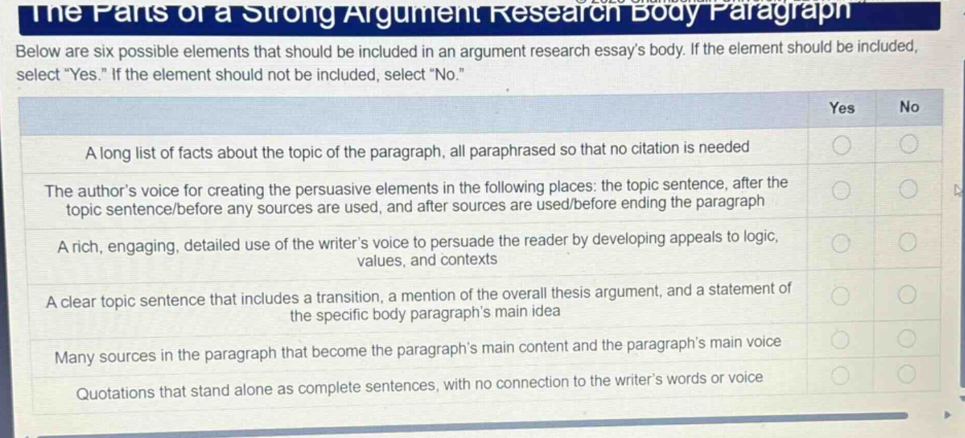 the parts of a strong argument research body paragraph\nbelow are six possible elements that should be included in an argument research essays body. if the element should be included, select \yes.\ if the element should not be included, select \no.\\na long list of facts about the topic of the paragraph, all paraphrased so that no citation is needed\nthe authors voice for creating the persuasive elements in the following places: the topic sentence, after the topic sentence/before any sources are used, and after sources are used/before ending the paragraph\na rich, engaging, detailed use of the writers voice to persuade the reader by developing appeals to logic, values, and contexts\na clear topic sentence that includes a transition, a mention of the overall thesis argument, and a statement of the specific body paragraphs main idea\nmany sources in the paragraph that become the paragraphs main content and the paragraphs main voice\nquotations that stand alone as complete sentences, with no connection to the writers words or voice
