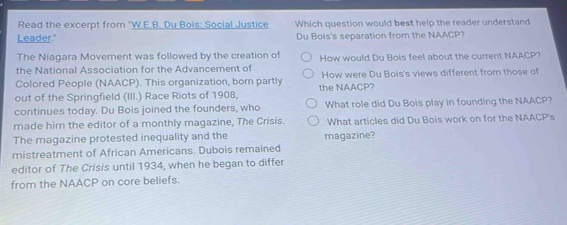 read the excerpt from \w.e.b. du bois: social justice leader.\ the niagara movement was followed by the creation of the national association for the advancement of colored people (naacp). this organization, born partly out of the springfield (ill.) race riots of 1908, continues today. du bois joined the founders, who made him the editor of a monthly magazine, the crisis. the magazine protested inequality and the mistreatment of african americans. dubois remained editor of the crisis until 1934, when he began to differ from the naacp on core beliefs. which question would best help the reader understand du boiss separation from the naacp? how would du bois feel about the current naacp? how were du boiss views different from those of the naacp? what role did du bois play in founding the naacp? what articles did du bois work on for the naacps magazine?