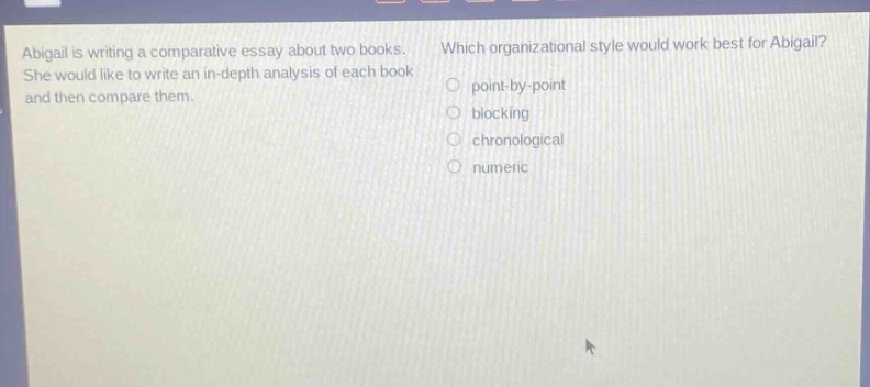 abigail is writing a comparative essay about two books. she would like to write an - in - depth analysis of each book and then compare them. which organizational style would work best for abigail? point - by - point blocking chronological numeric