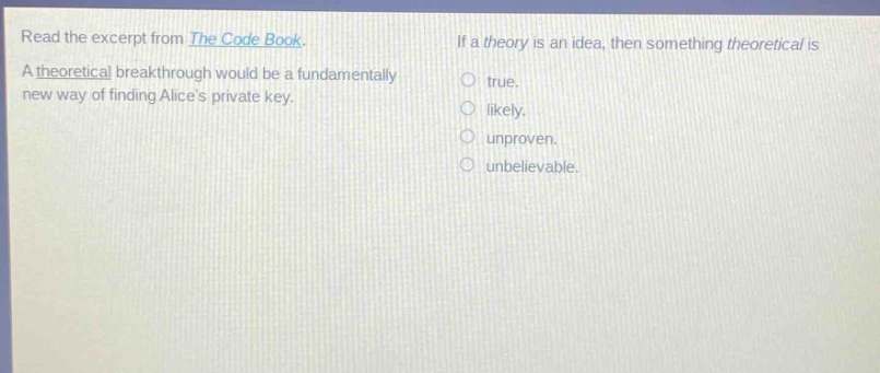 read the excerpt from the code book. a theoretical breakthrough would be a fundamentally new way of finding alices private key. if a theory is an idea, then something theoretical is true. likely. unproven. unbelievable.