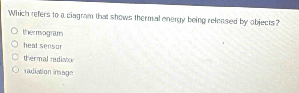 which refers to a diagram that shows thermal energy being released by objects? thermogram heat sensor thermal radiator radiation image