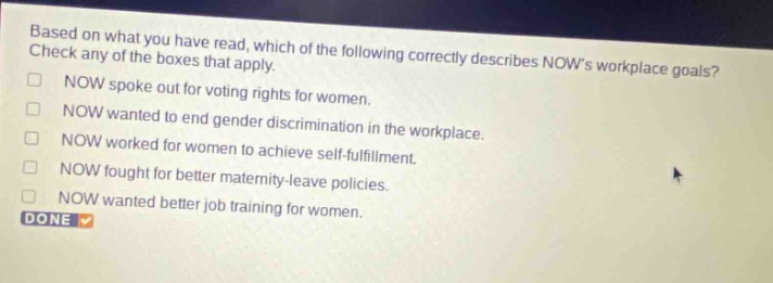 based on what you have read, which of the following correctly describes nows workplace goals? check any of the boxes that apply. now spoke out for voting rights for women. now wanted to end gender discrimination in the workplace. now worked for women to achieve self - fulfillment. now fought for better maternity - leave policies. now wanted better job training for women. done