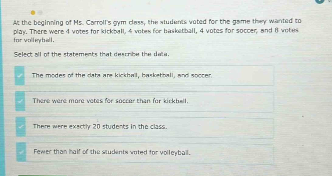 at the beginning of ms. carrolls gym class, the students voted for the game they wanted to play. there were 4 votes for kickball, 4 votes for basketball, 4 votes for soccer, and 8 votes for volleyball. select all of the statements that describe the data. the modes of the data are kickball, basketball, and soccer. there were more votes for soccer than for kickball. there were exactly 20 students in the class. fewer than half of the students voted for volleyball.