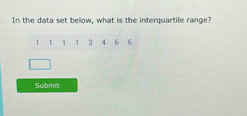 in the data set below, what is the interquartile range? 1 1 1 1 3 4 6 6