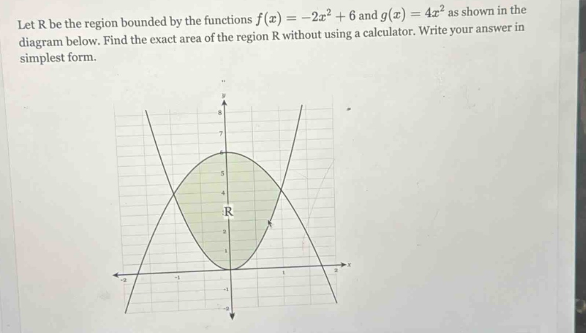 let r be the region bounded by the functions f(x)=-2x² + 6 and g(x)=4x² as shown in the diagram below. find the exact area of the region r without using a calculator. write your answer in simplest form.