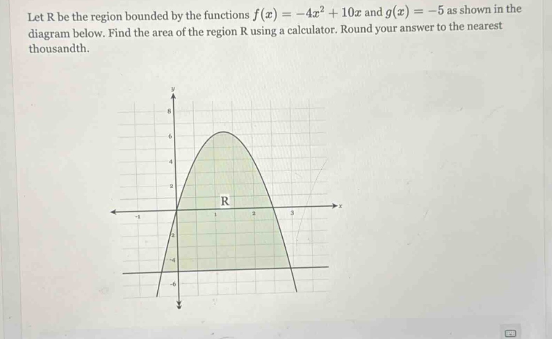 let r be the region bounded by the functions f(x)=-4x² + 10x and g(x)=-5 as shown in the diagram below. find the area of the region r using a calculator. round your answer to the nearest thousandth.