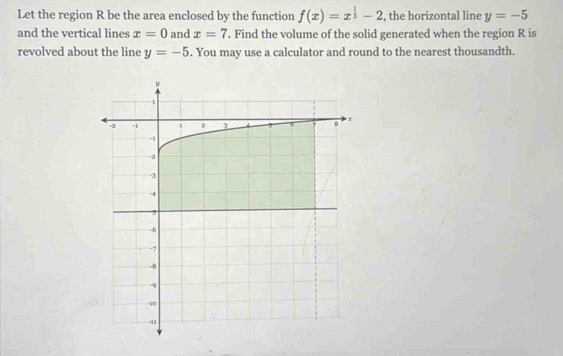 let the region r be the area enclosed by the function f(x)=x^(1/3) - 2, the horizontal line y = -5 and the vertical lines x = 0 and x = 7. find the volume of the solid generated when the region r is revolved about the line y = -5. you may use a calculator and round to the nearest thousandth.