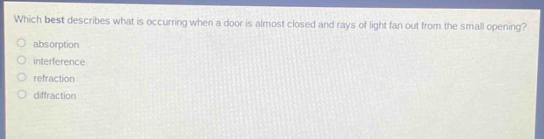 which best describes what is occurring when a door is almost closed and rays of light fan out from the small opening?\nabsorption\ninterference\nrefraction\ndiffraction