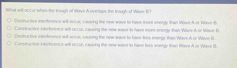 what will occur when the trough of wave a overlaps the trough of wave b?\no destructive interference will occur, causing the new wave to have more energy than wave a or wave b.\no constructive interference will occur, causing the new wave to have more energy than wave a or wave b.\no destructive interference will occur, causing the new wave to have less energy than wave a or wave b.\no constructive interference will occur, causing the new wave to have less energy than wave a or wave b.