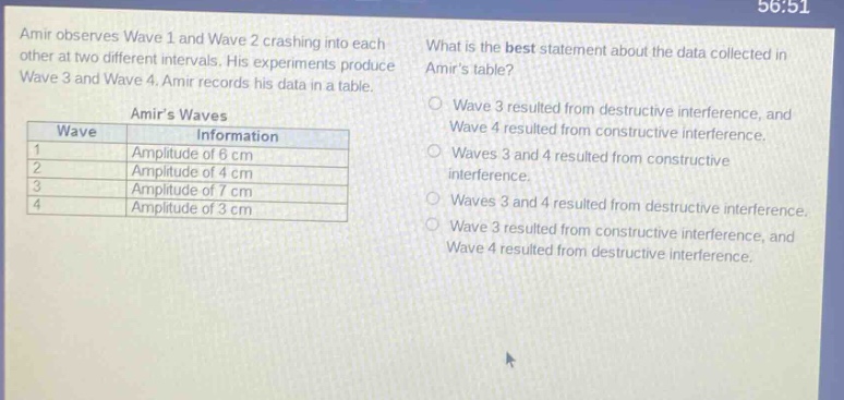 amir observes wave 1 and wave 2 crashing into each other at two different intervals. his experiments produce wave 3 and wave 4. amir records his data in a table. what is the best statement about the data collected in amirs table? amirs waves wave information 1 amplitude of 6 cm 2 amplitude of 4 cm 3 amplitude of 7 cm 4 amplitude of 3 cm wave 3 resulted from destructive interference, and wave 4 resulted from constructive interference. waves 3 and 4 resulted from constructive interference. waves 3 and 4 resulted from destructive interference. wave 3 resulted from constructive interference, and wave 4 resulted from destructive interference.