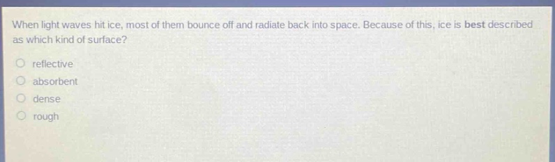 when light waves hit ice, most of them bounce off and radiate back into space. because of this, ice is best described as which kind of surface? reflective absorbent dense rough