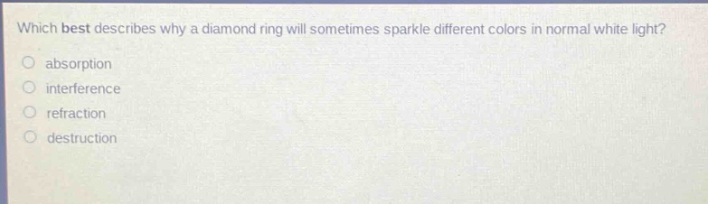 which best describes why a diamond ring will sometimes sparkle different colors in normal white light? absorption interference refraction destruction