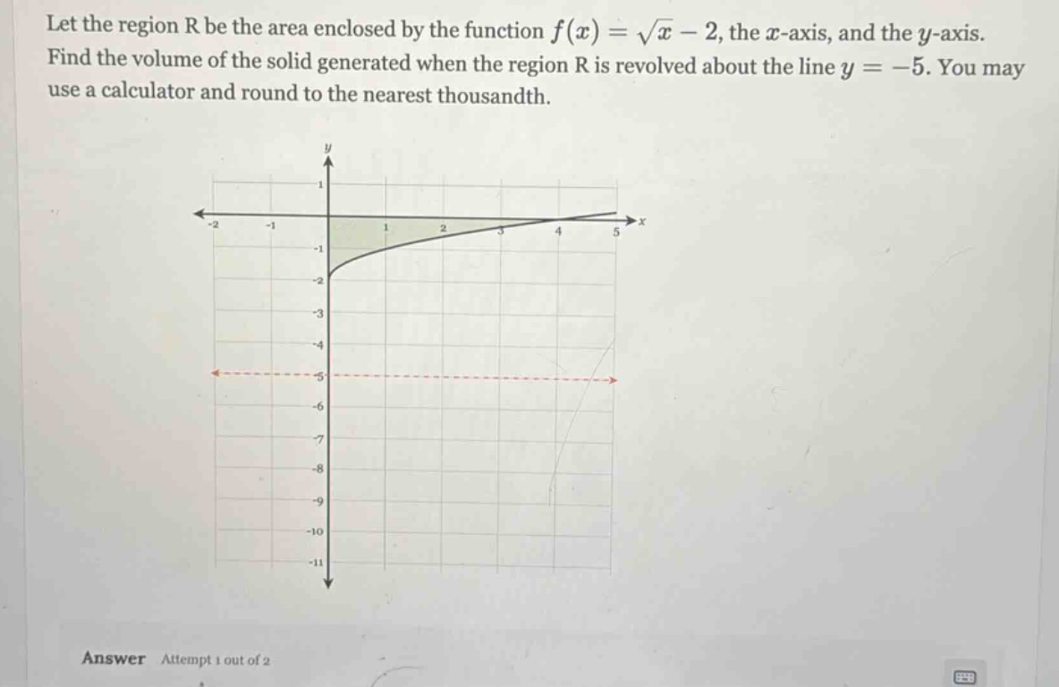let the region r be the area enclosed by the function f(x) = √x - 2, the x - axis, and the y - axis. find the volume of the solid generated when the region r is revolved about the line y = -5. you may use a calculator and round to the nearest thousandth. answer attempt 1 out of 2