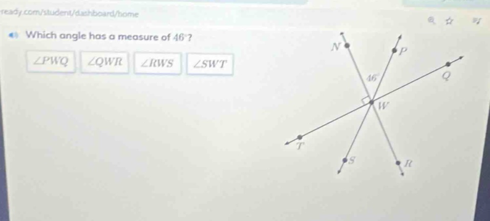 which angle has a measure of 46°? ∠pwq ∠qwr ∠rws ∠swt
