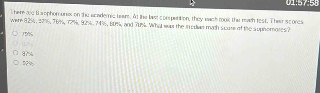 there are 8 sophomores on the academic team. at the last competition, they each took the math test. their scores were 82%, 92%, 76%, 72%, 92%, 74%, 80%, and 78%. what was the median math score of the sophomores? 79% 82% 87% 92%