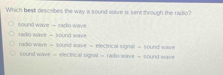 which best describes the way a sound wave is sent through the radio? sound wave - radio wave radio wave - sound wave radio wave - sound wave - electrical signal - sound wave sound wave - electrical signal - radio wave - sound wave