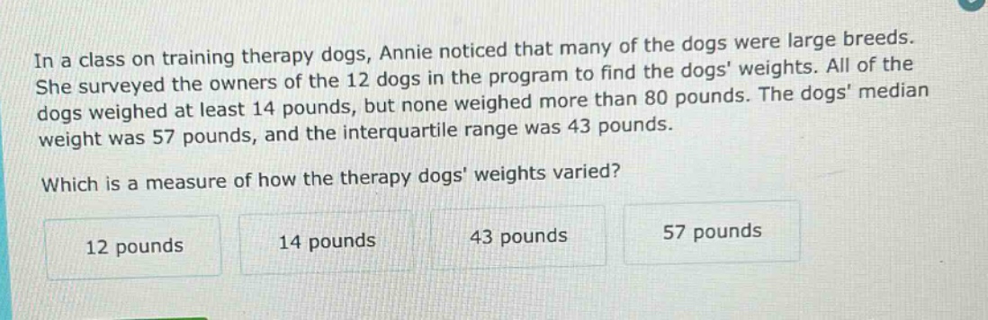 in a class on training therapy dogs, annie noticed that many of the dogs were large breeds. she surveyed the owners of the 12 dogs in the program to find the dogs weights. all of the dogs weighed at least 14 pounds, but none weighed more than 80 pounds. the dogs median weight was 57 pounds, and the interquartile range was 43 pounds. which is a measure of how the therapy dogs weights varied? 12 pounds 14 pounds 43 pounds 57 pounds