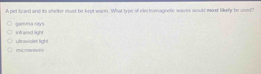 a pet lizard and its shelter must be kept warm. what type of electromagnetic waves would most likely be used? gamma rays infrared light ultraviolet light microwaves